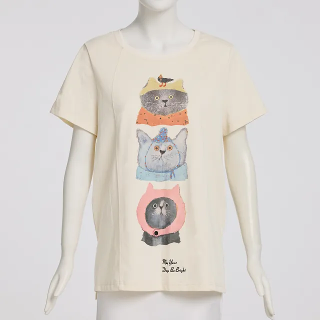 【OUWEY 歐薇】插畫風貓咪中長版純棉上衣(杏；S-L；3252391234)