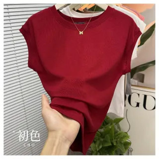 【初色】休閒洋氣減齡純色羅紋坎肩圓領短袖飛飛袖T恤上衣女上衣-共4色-11585(M-2XL可選)