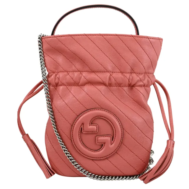 【GUCCI 古馳】Blondie Mini 經典雙G車線束口鍊包水桶包兩用包(桃粉)