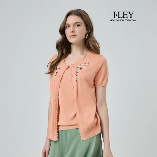 【ILEY 伊蕾】珍珠釦花卉刺繡棉質針織上衣(粉;M-2L;1251455408)