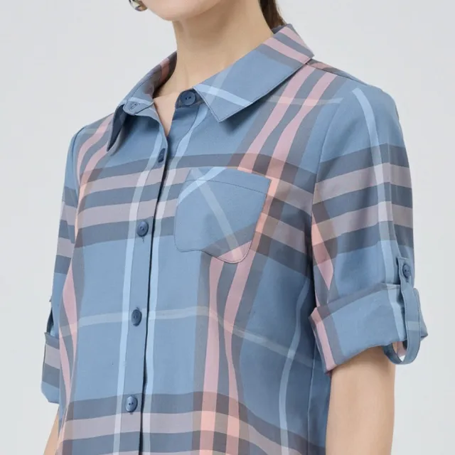 【ILEY 伊蕾】經典格紋七分袖棉質襯衫(淺藍；M-2L；1251071507)