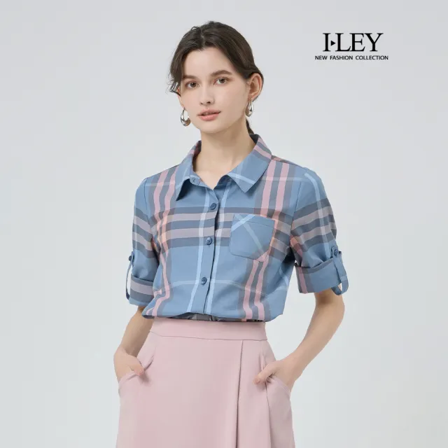 【ILEY 伊蕾】經典格紋七分袖棉質襯衫(淺藍;M-2L;1251071507)