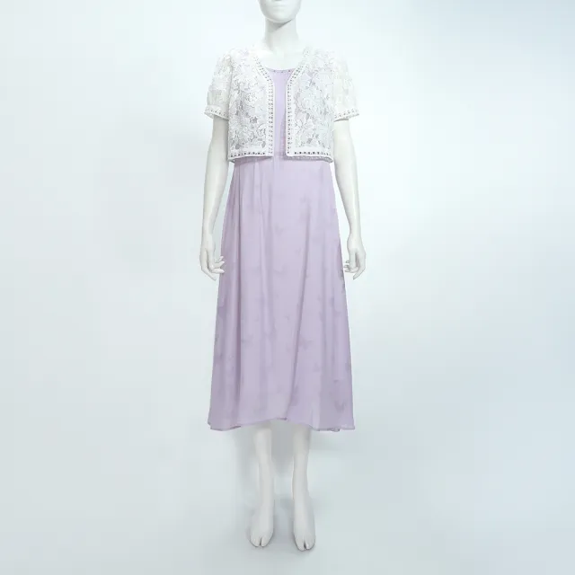 【ILEY 伊蕾】蕾絲蝴蝶印花縲縈假兩件洋裝(淺紫；M-XL；1252027107)