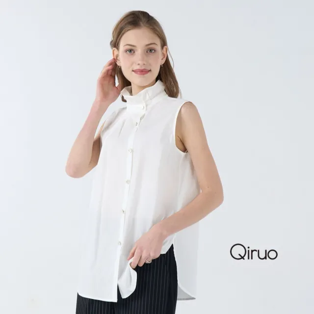 【Qiruo 奇若名品】輕薄棉質小荷葉 小排釦立領白色背心長版圓弧下擺開岔上衣7