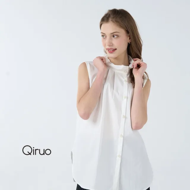 【Qiruo 奇若名品】輕薄棉質小荷葉 小排釦立領白色背心長版圓弧下擺開岔上衣7