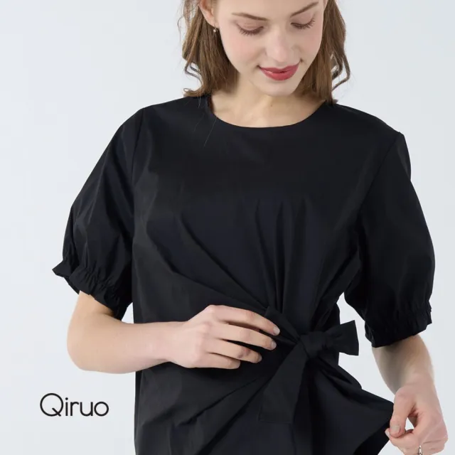【Qiruo 奇若名品】上等棉 泡泡袖五分袖腰身綁蝴蝶結黑色短袖上衣7041A