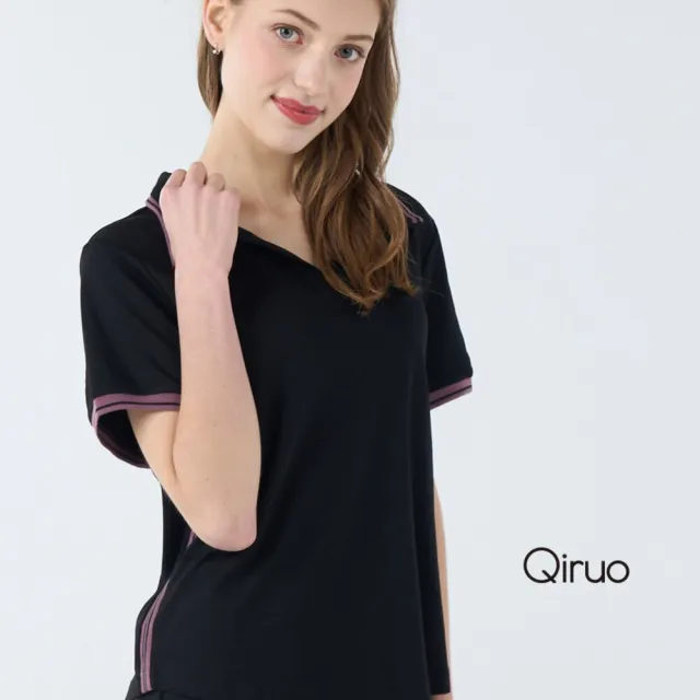 【Qiruo 奇若名品】彈性棉材質 POLO衫 V領黑色短袖上衣 紫色滾邊沒有鈕扣7025A