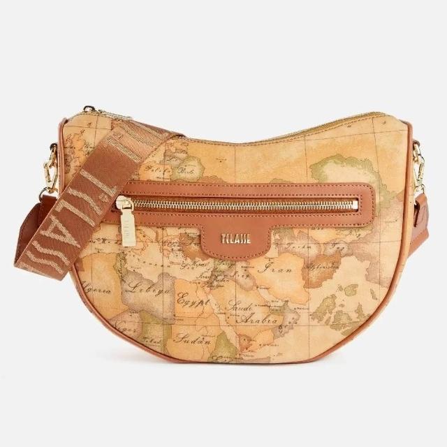 【Alviero Martini】義大利地圖包 水餃寬揹帶側背包28cm(地圖黃)