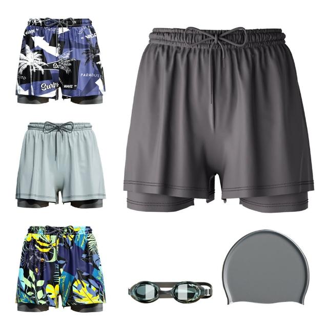 【Sumfun】速乾男士運動泳褲 泳裝三件套  五分平口四角泳褲 專業成人泳裝 男泳衣 男泳裝(泳帽+泳鏡+泳褲)