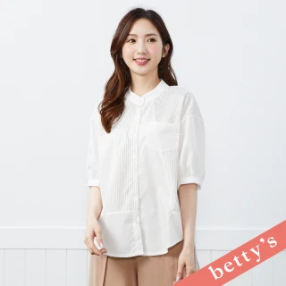 【betty&rsquo;s 貝蒂思】細條紋拼接小立領寬版襯衫(咖啡)