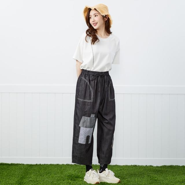 【betty’s 貝蒂思】出清品  房屋造型拼布貓咪刺繡牛仔長褲(黑色)