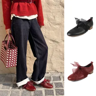 【JP Queen New York】蕾絲蝴蝶結絲帶仙女圓頭真皮淑女鞋(2色可選)