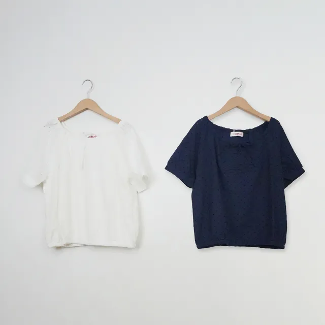【CUMAR】棉質刺繡繡洞領口綁帶短袖上衣(藍 白)
