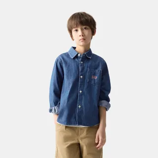 【GAP】兒童裝 Logo純棉印花翻領長袖牛仔襯衫-深色水洗(675891)