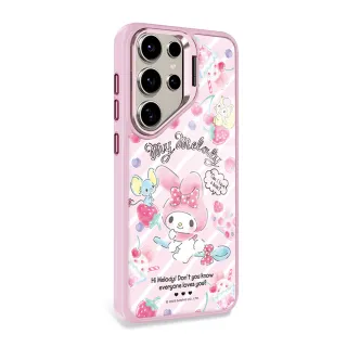 【apbs】三麗鷗 Samsung S25/S24/S23系列 軍規防摔合金框隱形立架手機殼(甜點美樂蒂-粉框)