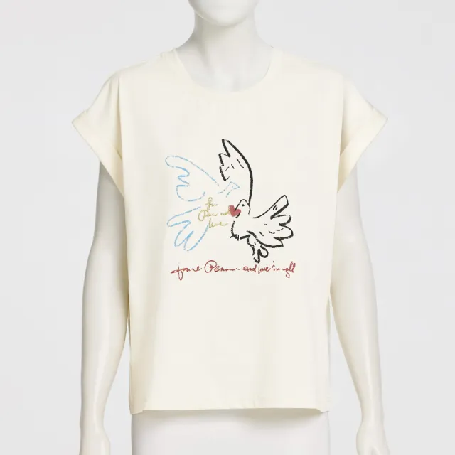 【OUWEY 歐薇】愛心和平鴿刺繡印花連肩反摺袖T(杏；S-L；3252121207)