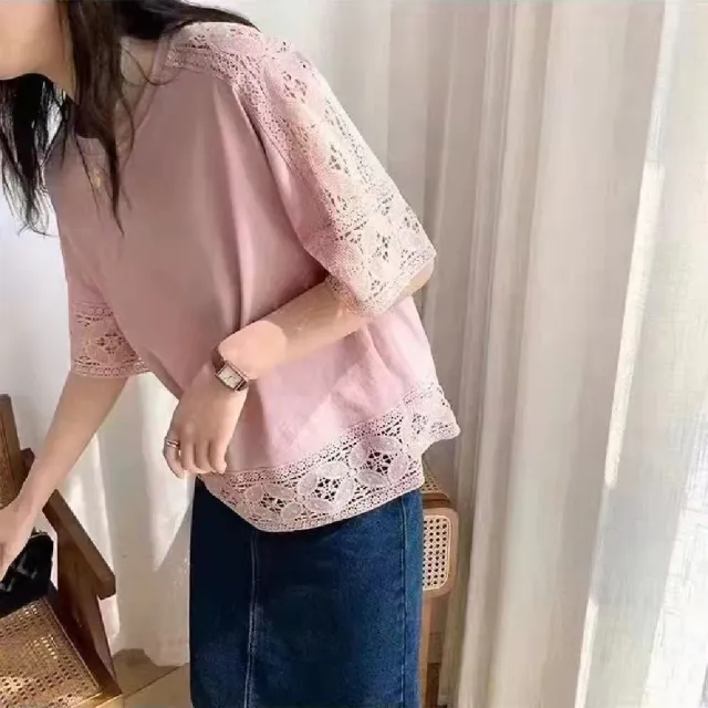 【LANNI 藍尼】★蕾絲拼接鏤空上衣(女裝/五分袖/百搭/通勤/日系)