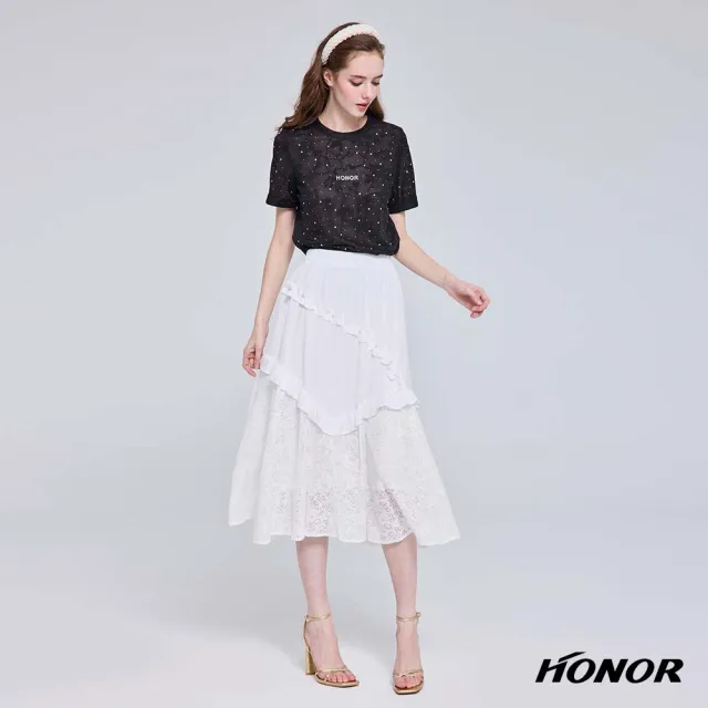 【HONOR 山形屋】出清品 透膚亮鑽花卉刺繡短袖上衣-米白/黑(限定出清)