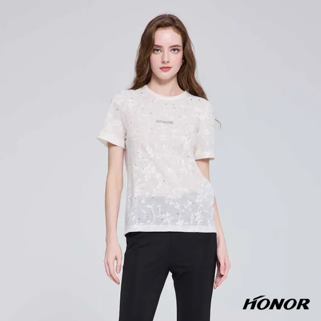 【HONOR 山形屋】出清品 透膚亮鑽花卉刺繡短袖上衣-米白/黑(限定出清)