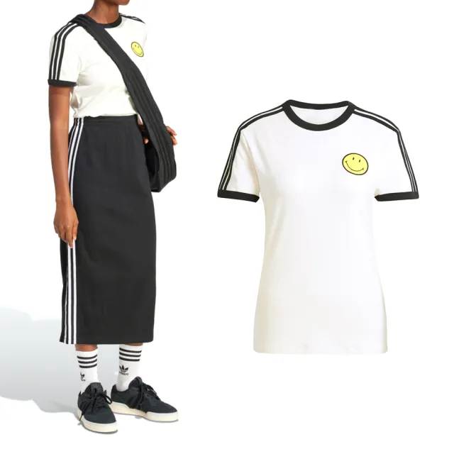 【adidas 愛迪達】Smiley Cali Tee 女款 白黑色 三葉草 亞規 修身 復古 運動 短袖 JD3591