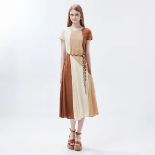 【MYVEGA 麥雪爾】MA棉麻配色綁帶長洋裝-咖啡(素色洋裝/)
