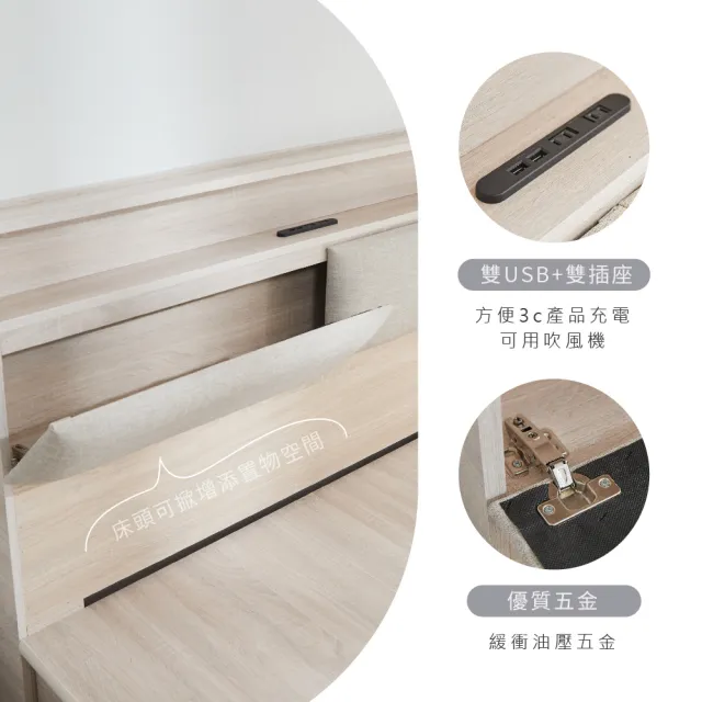 【藤原傢俬】白梧桐雙USB貓抓皮收納空間床組-雙抽3.5尺單人加大(雙USB貓抓床頭+收納空間床底+抽屜X2)