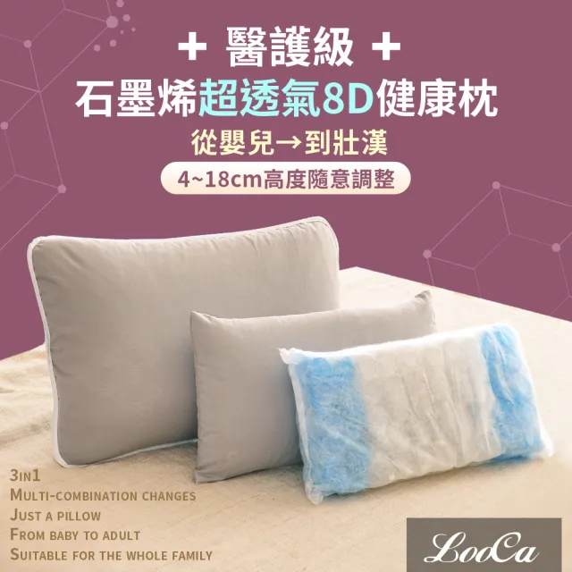 【LooCa】100%石墨烯超透氣8D健康枕頭 三合一枕頭(2入★限量出清)