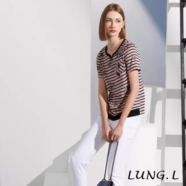 【LUNG.L 林佳樺】LS32A 粉色條紋提花斜邊抽褶短袖棉質女裝上衣(春夏新品)