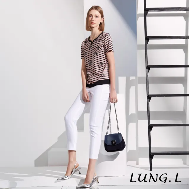 【LUNG.L 林佳樺】LS32A 粉色條紋提花斜邊抽褶短袖棉質女裝上衣(春夏新品)
