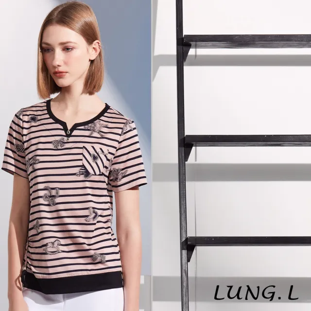 【LUNG.L 林佳樺】LS32A 粉色條紋提花斜邊抽褶短袖棉質女裝上衣(春夏新品)