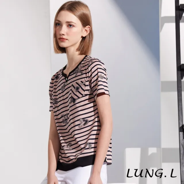 【LUNG.L 林佳樺】LS32A 粉色條紋提花斜邊抽褶短袖棉質女裝上衣(春夏新品)
