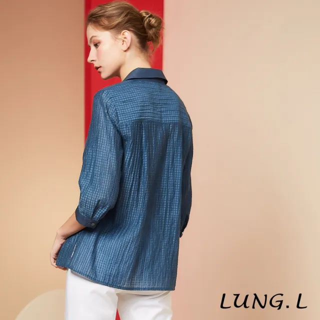 【LUNG.L 林佳樺】LR94A 藍色格紋泡泡布搭配電繡長版七分袖女裝襯衫(春夏新品 加大尺碼)