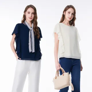【en-suey 銀穗】網路限定圓領荷葉袖雪紡上衣-女