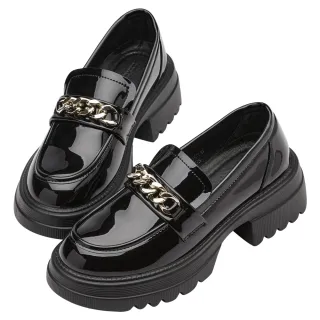 【Grace Gift】個性氣場鏈條輕量厚底樂福鞋(黑漆)