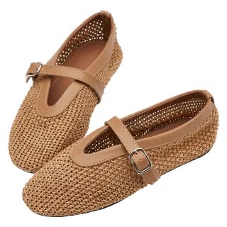 【Grace Gift】法式時髦簍空編織瑪莉珍平底鞋(棕)