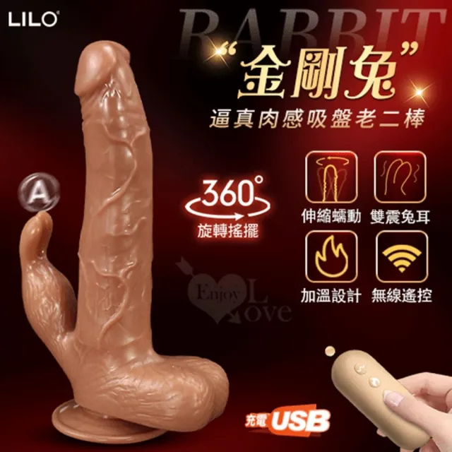 【LILO】金剛兔 360°搖擺伸縮棒逼真肉感吸盤老二棒(仿真按摩棒 電動 女性 情趣用品 成人玩具)