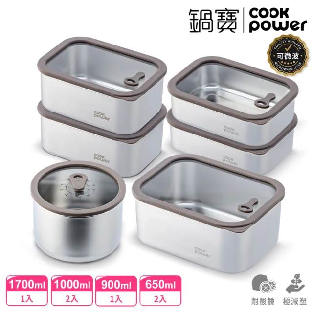 【CookPower 鍋寶】匠造可微波強化玻璃蓋不鏽鋼大容量分隔保鮮盒組(上蓋可微波/多款選)