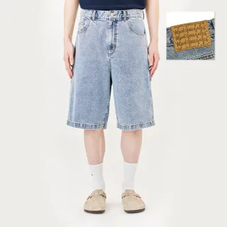 【Mark Gonzales官方旗艦】男女同款 BERMUDA 刺繡小天使 LOGO 牛仔短褲-藍色