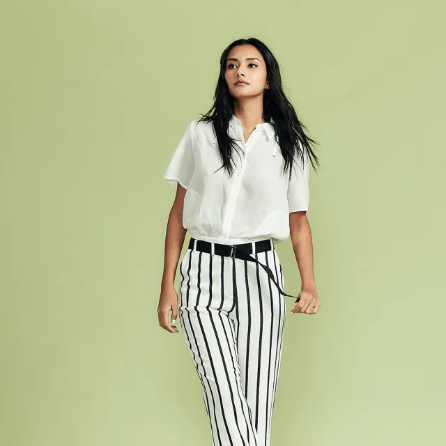 【ICHE 衣哲】Cop.Copine法式簡約風條紋顯瘦直筒造型長褲