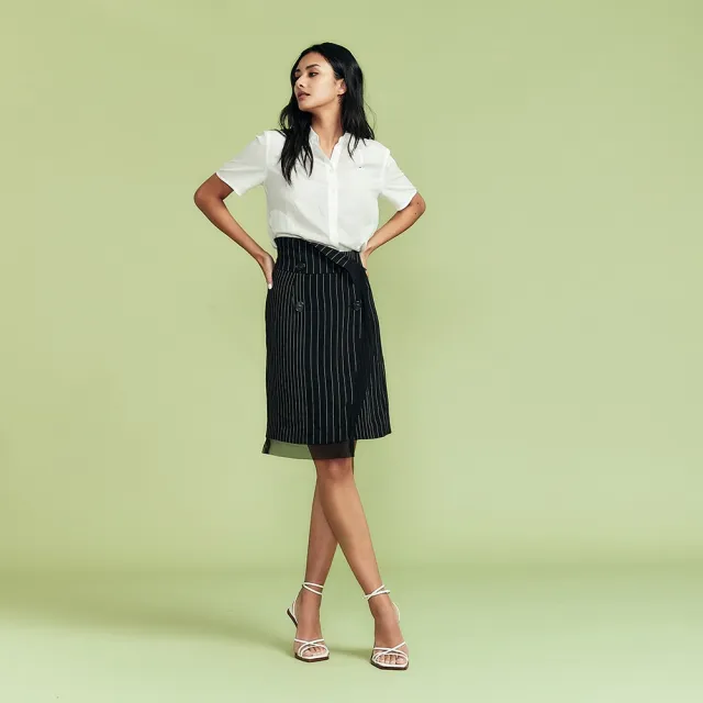 【ICHE 衣哲】Cop.Copine法式簡約風條紋拼接鉛筆造型及膝裙