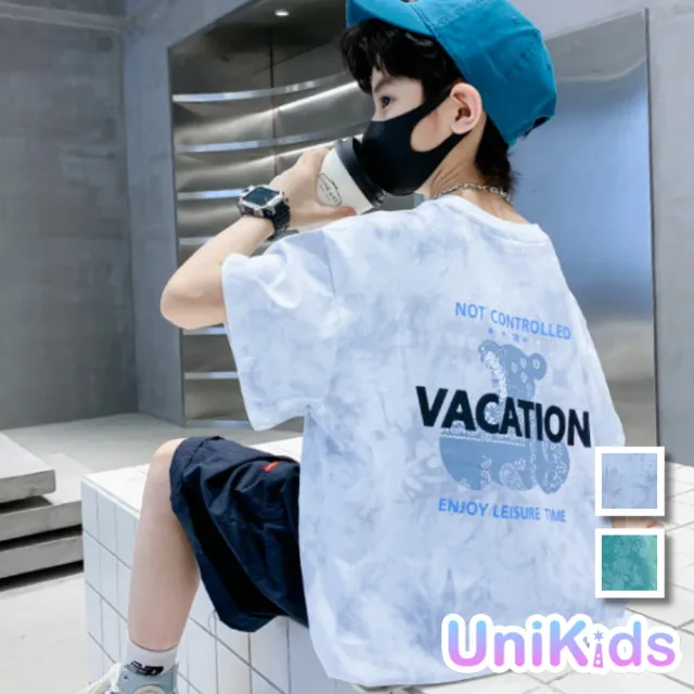 【UniKids】中大童裝短袖T恤 紮染噴印上衣 男大童裝 VPSBE-T78(白 綠)
