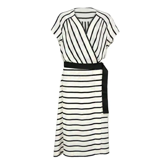 【ICHE 衣哲】Cop.Copine法國原裝進口法式V領綁帶收腰條紋連身裙