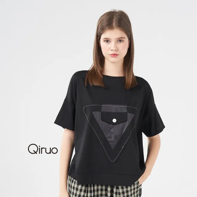 【Qiruo 奇若名品】精梳棉 前胸倒三角形黑色短袖上衣2016A