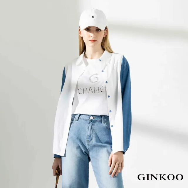 【GINKOO 俊克】牛仔長袖拼接襯衫