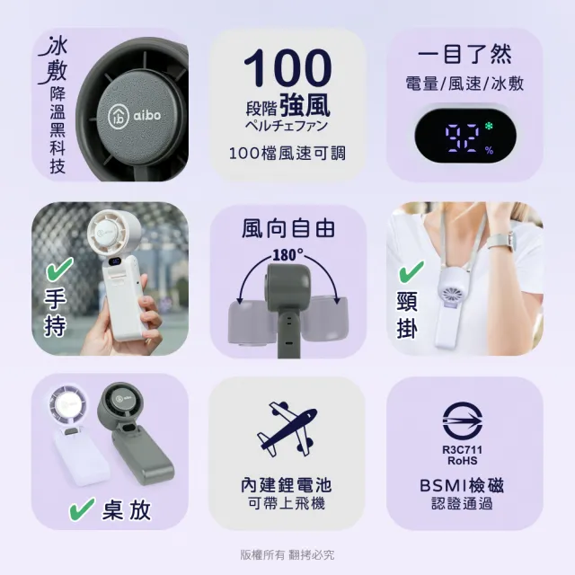 【aibo】半導體冰敷 折疊頸掛 100檔調速手持風扇
