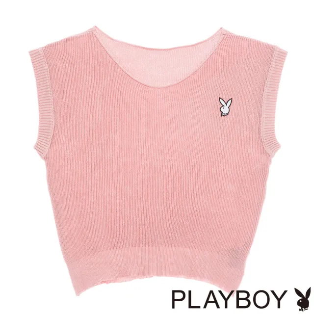 【PLAYBOY】冰絲短版針織條紋上衣(粉駝色)