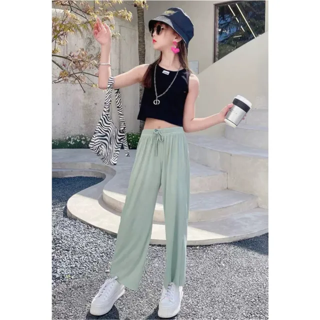 【安朵童舖】現貨韓版兒童冰絲闊腿褲寬鬆長褲中大童防蚊褲女童九分闊腿褲冰絲褲童裝(044)
