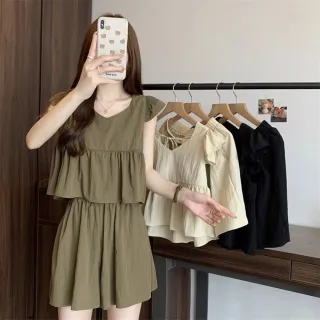 【D.studio】韓版法式飛飛袖顯瘦短袖上衣+短裙(套裝衣服夏天女裝短板上衣短版t恤女裝褲子裙子 S352)