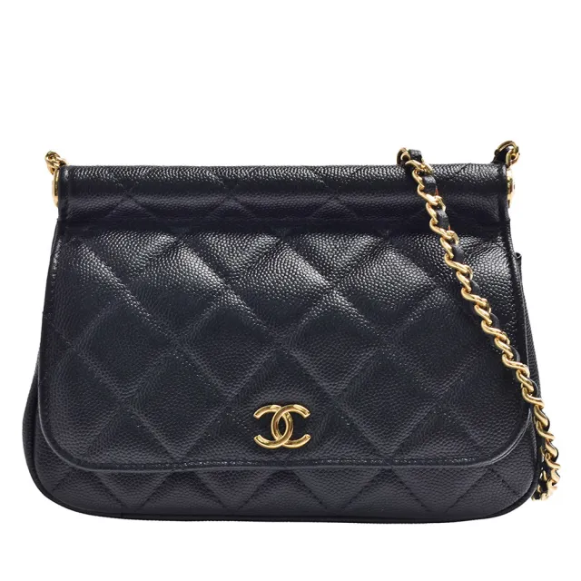 【CHANEL 香奈兒】經典雙C LOGO粒紋牛皮梯形磁釦斜背包(黑色AP3008C-BLK-GP)