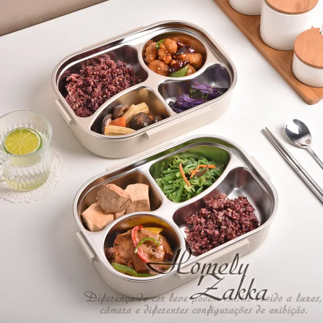 【Homely Zakka】可微波超大容量不鏽鋼分隔保溫便當盒四格 附餐具+湯碗 2入組(微波爐加熱  減脂便當盒)